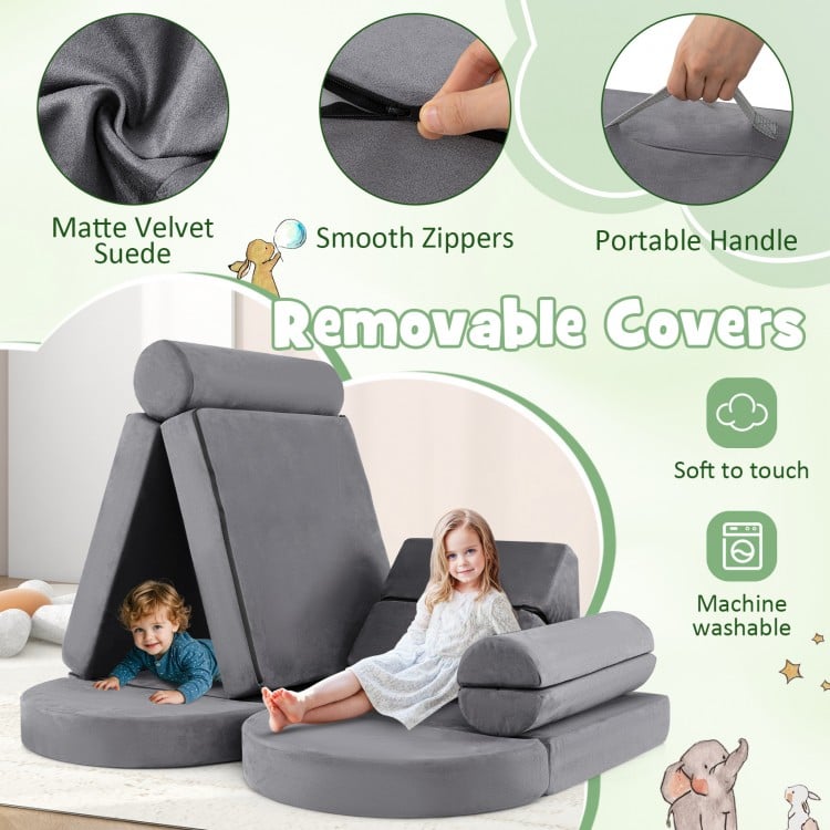 Gray 13-piece convertible modular kids play couch with removable covers, soft velvet suede, and portable handle for.