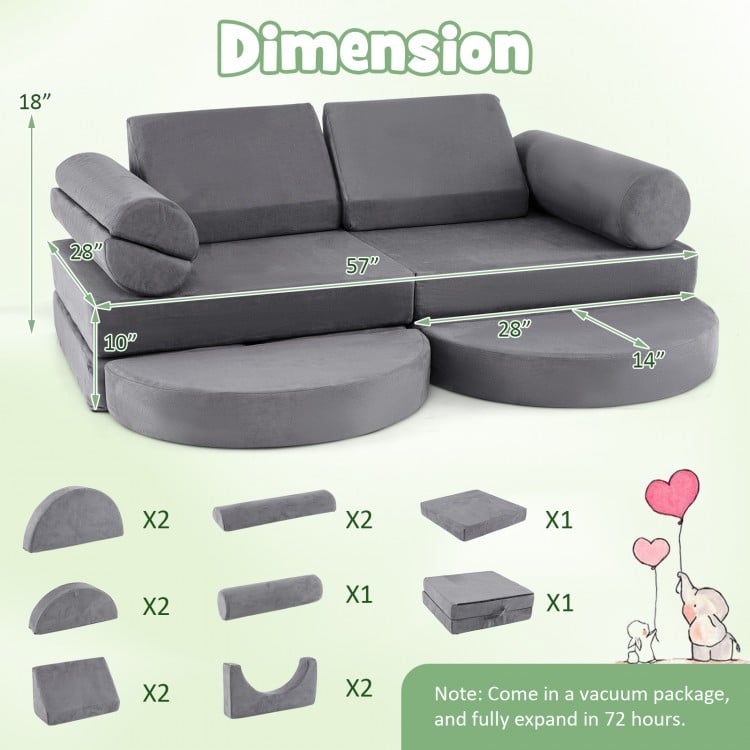 Gray 13-piece convertible modular kids play couch with soft velvet covers, ideal for active play in nurseries or.
