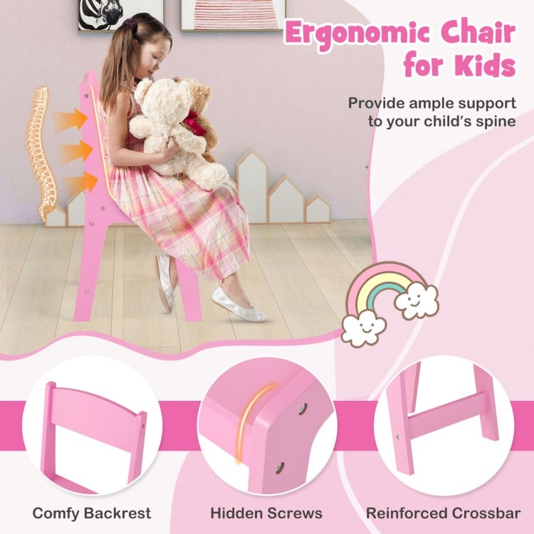 Ergonomic pink chair for kids with comfy backrest and reinforced crossbar, ideal for vanity or writing desk use.