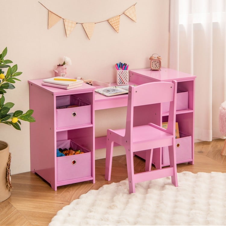 Kids vanity table and chair set in pink with removable mirrors and storage bins, perfect for playrooms or study areas.