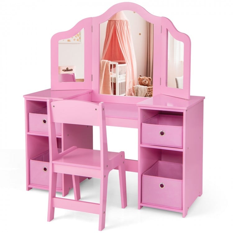 Kids vanity table and chair set in pink with removable mirrors and 4 storage bins, perfect for playrooms or bedrooms.