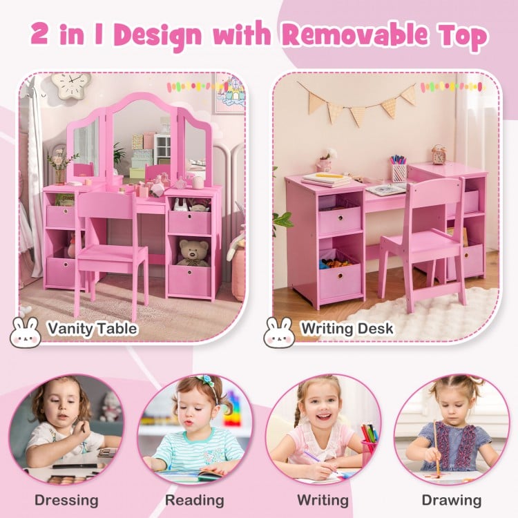 Kids vanity table and chair set in pink with removable mirrors and storage bins, perfect for dressing and writing.