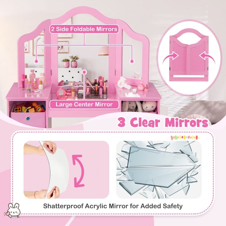 Kids vanity table set in pink featuring 3 removable shatterproof mirrors and 4 storage bins for organized play.