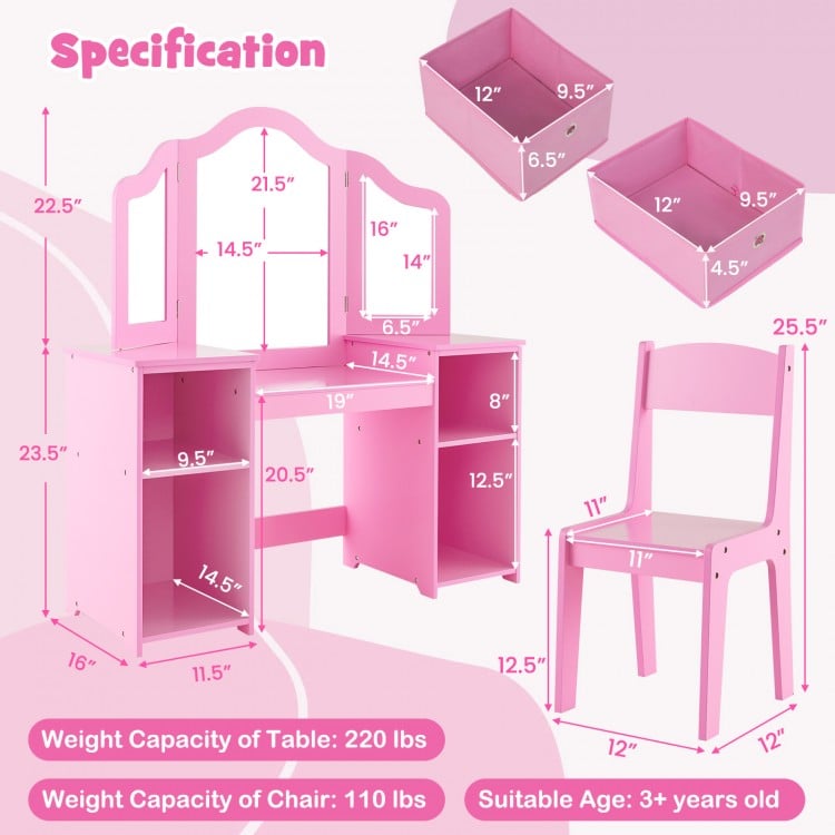 Kids vanity table and chair set in pink with removable mirrors and storage bins, ideal for ages 3 and up.