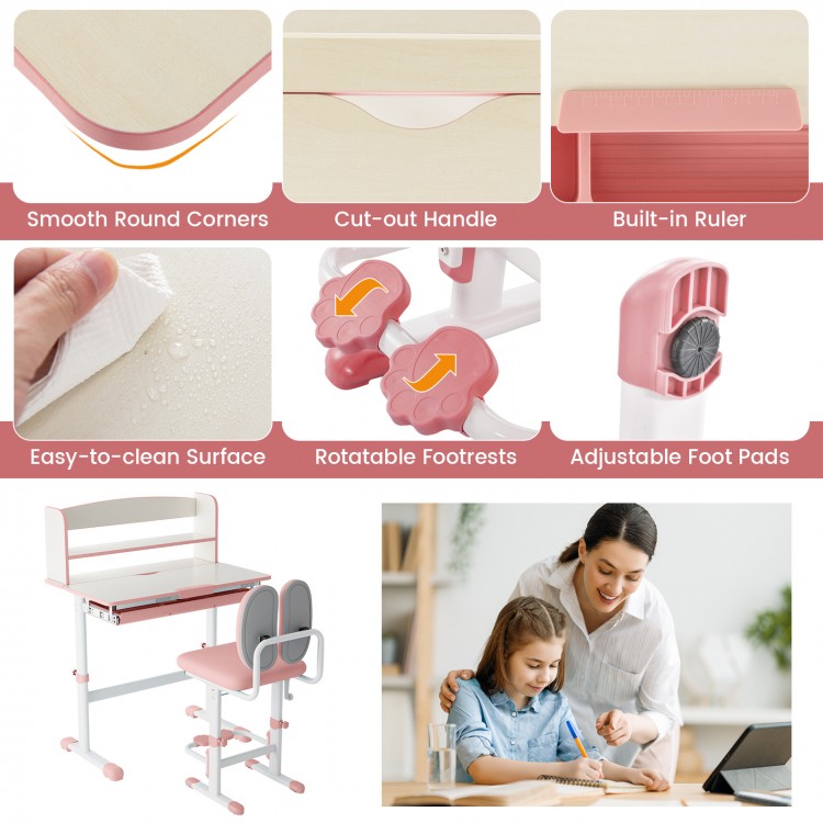 Kids desk and chair set in pink with adjustable height, tilted desktop, and easy-to-clean surface for ages 3-12.