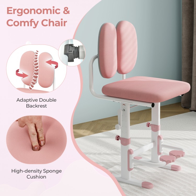Kids desk and chair set in pink with adjustable height, tilted desktop, and adaptive double backrest for comfort.