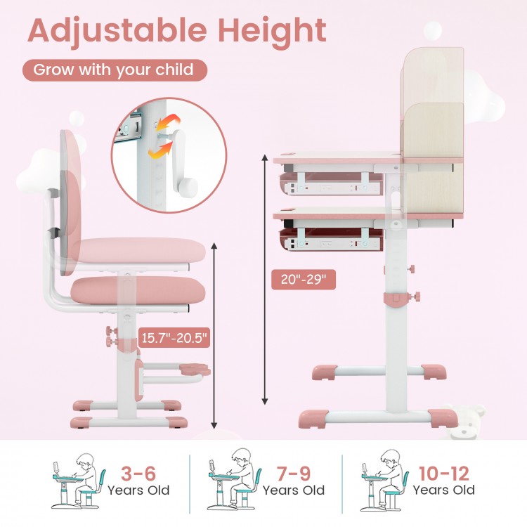 Kids desk and chair set in pink with adjustable height, tilted desktop, and spacious storage for ages 3-12 years.