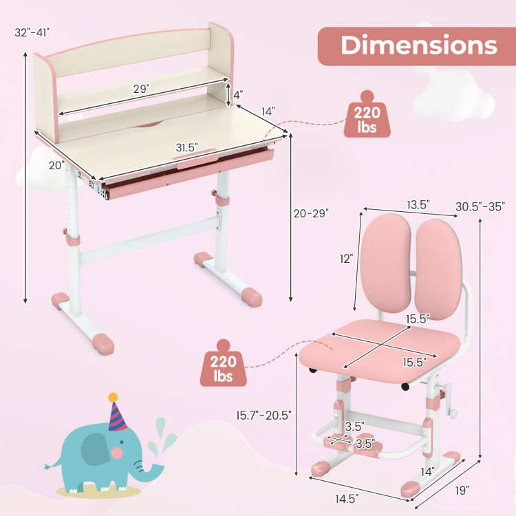 Kids desk and chair set in pink with adjustable height, tilted desktop, and spacious storage for ages 3-12.