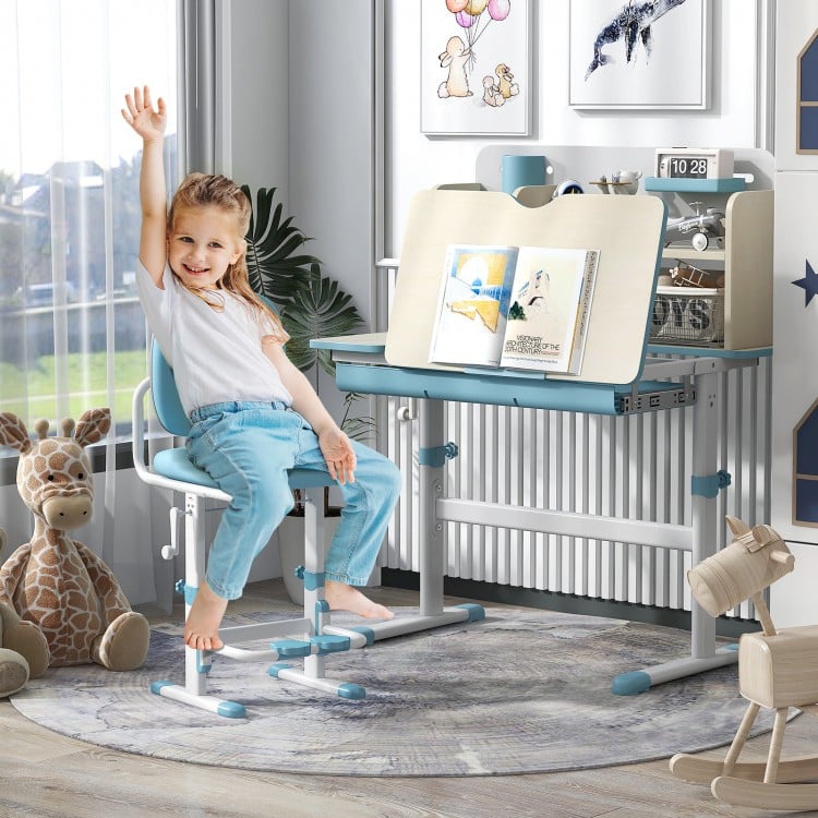 Height adjustable kids study desk in blue with tilt desktop, ideal for ages 3-12, featuring a hutch and large drawer.