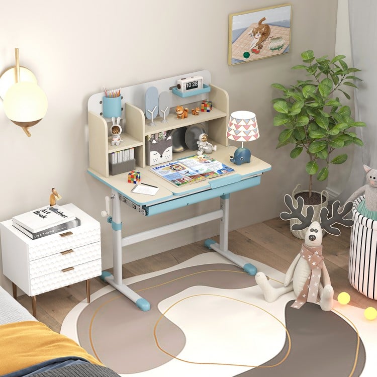 Kids study desk in blue featuring a hutch, tilt desktop, and convenient ruler design for easy measurements and.