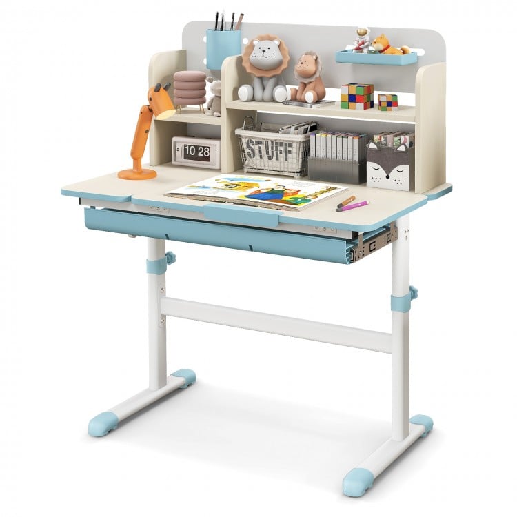Height adjustable kids study desk in blue with tilt desktop, hutch, and large drawer for art supplies and organization.