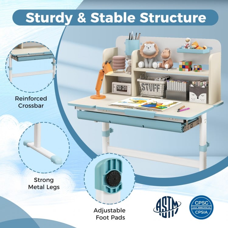 Height adjustable kids study desk in blue with a tilt desktop, hutch, and strong metal legs for stability and safety.