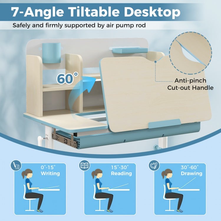 Height adjustable kids study desk with tilt desktop in blue, featuring 7-angle adjustment and safety design for ages.