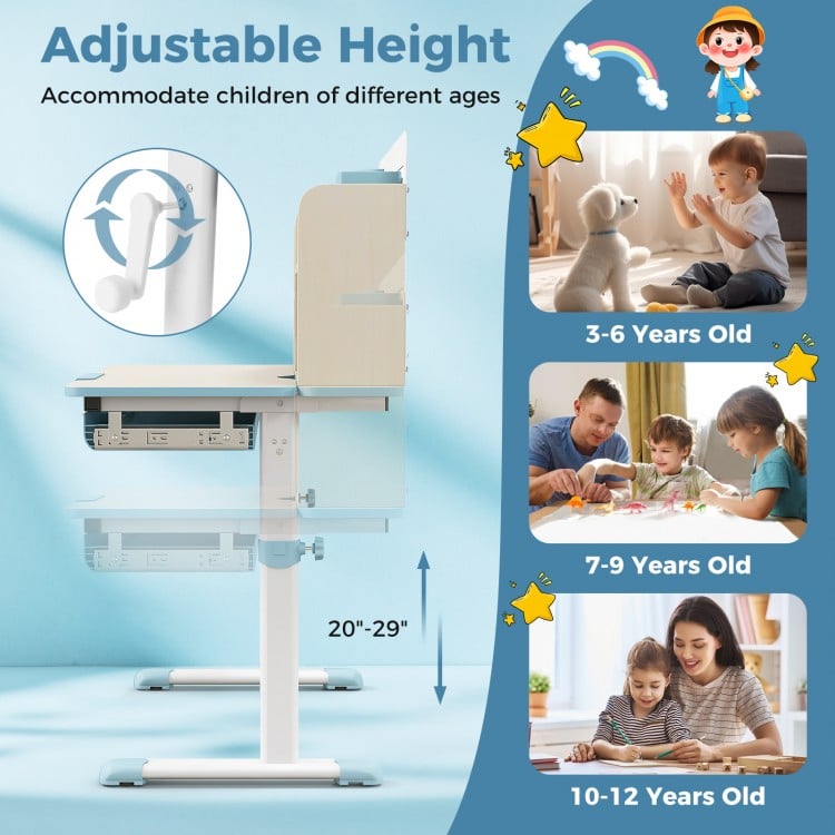Height adjustable kids study desk in blue with tilt desktop, designed for ages 3-12, featuring a large drawer and.