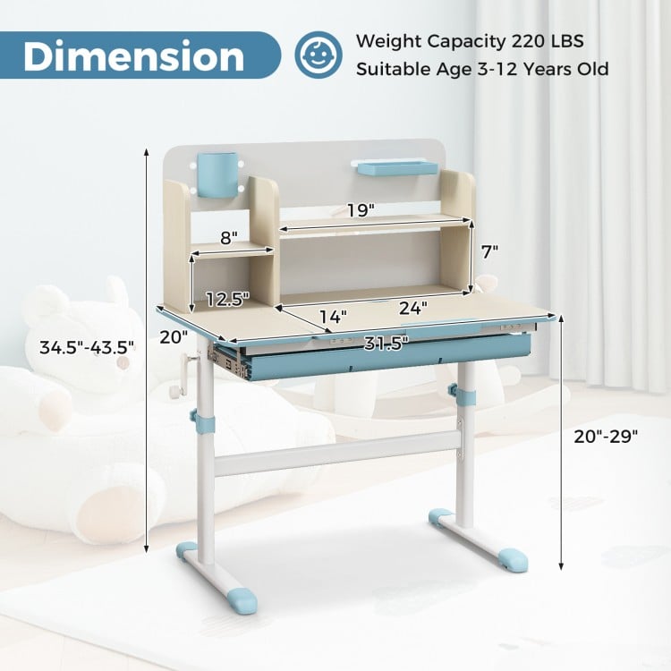 Height adjustable kids study desk in blue with tilt desktop, hutch, and large drawer for ages 3-12 years.