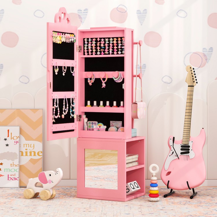 Freestanding pink jewelry cabinet with full-length mirror, shelves, and storage for kids' accessories and cosmetics.