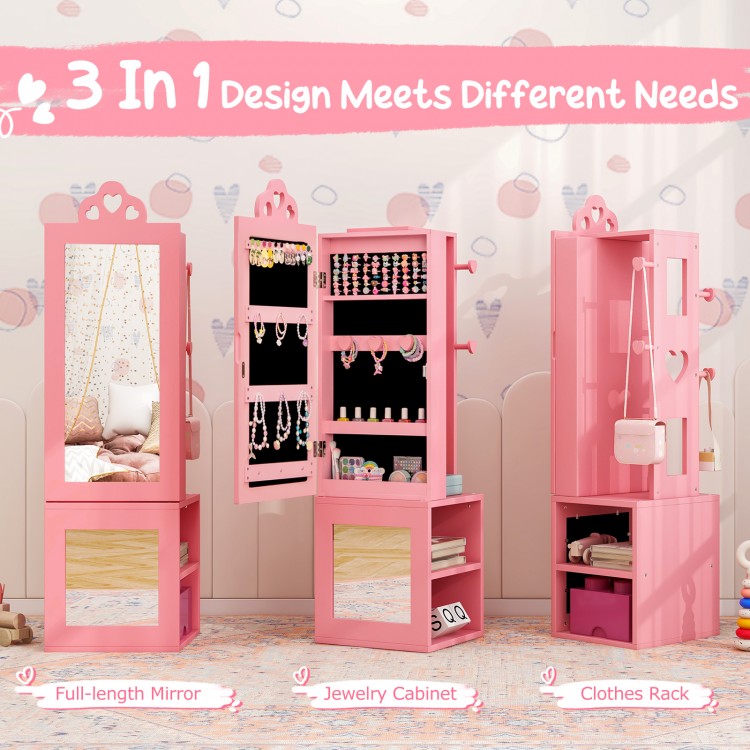 Freestanding pink jewelry cabinet with full-length mirror, storage for kids' accessories, and clothes rack for.