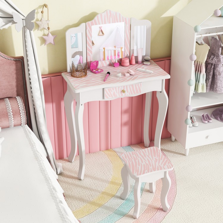 Kids vanity set in pink with tri-fold mirror, storage drawer, and makeup accessories for organized playtime.