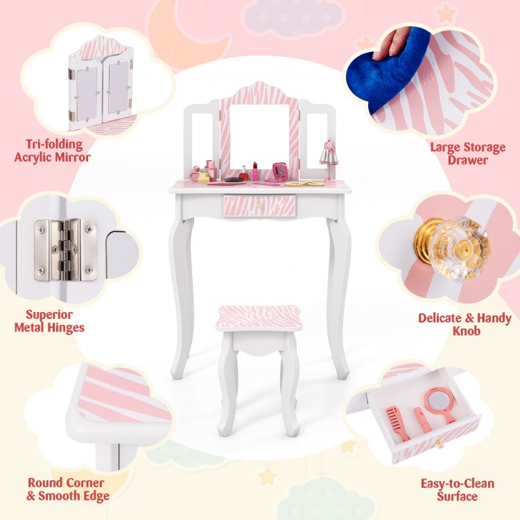 Kids vanity set in pink with tri-folding mirror, large storage drawer, and detachable design for easy use and.