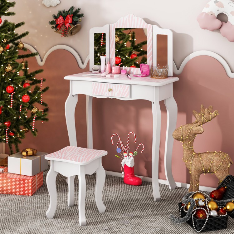 Kids vanity set in pink with tri-folding mirror, storage drawer, and makeup accessories, perfect for children's rooms.