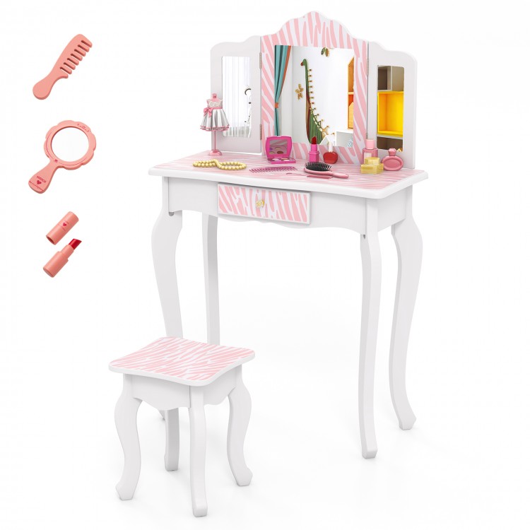 Kids vanity set in pink with tri-folding mirror, storage drawer, and makeup accessories for imaginative play.