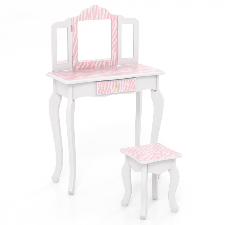 Kids vanity set in pink with tri-fold mirror, storage drawer, and sturdy wooden construction for safe play.
