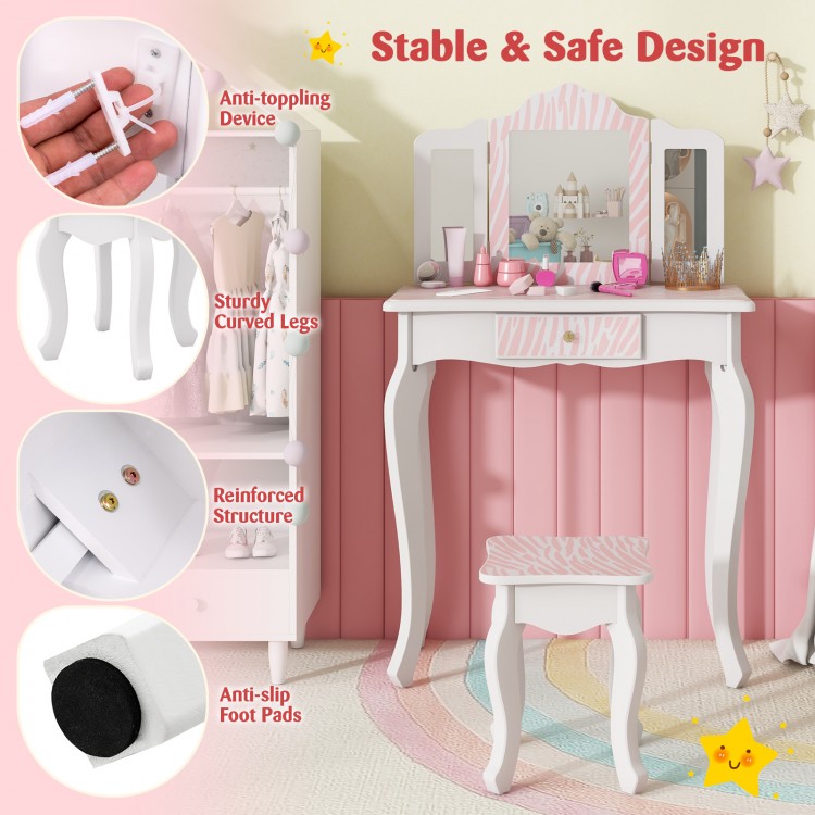 Kids vanity set in pink featuring a tri-fold mirror, sturdy legs, and a large storage drawer for organized playtime.