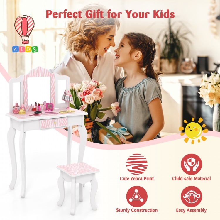 Kids vanity set in pink with tri-folding mirror, sturdy wooden construction, and large storage drawer for organized.