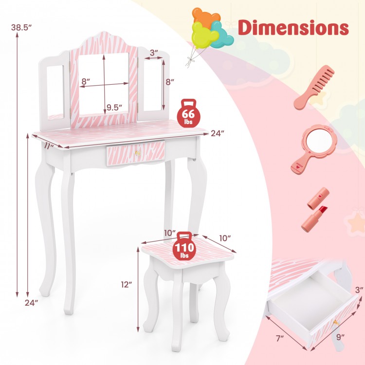 Kids vanity set in pink with tri-fold mirror, large drawer, and three makeup accessories for organized playtime.