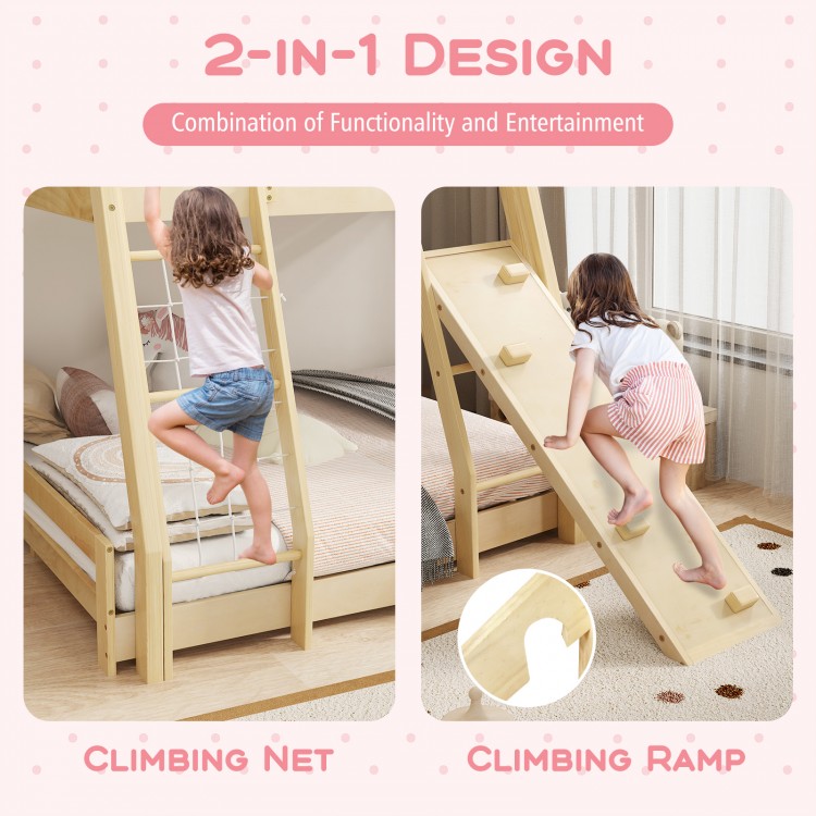 Twin over queen bunk bed featuring climbing net and ramp, designed for fun and safe access for kids.