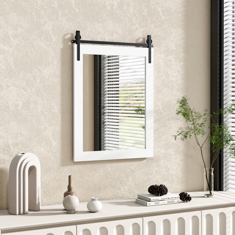 Wall mount mirror with white wood frame and black metal bracket, perfect for rustic decor in bedrooms or bathrooms.