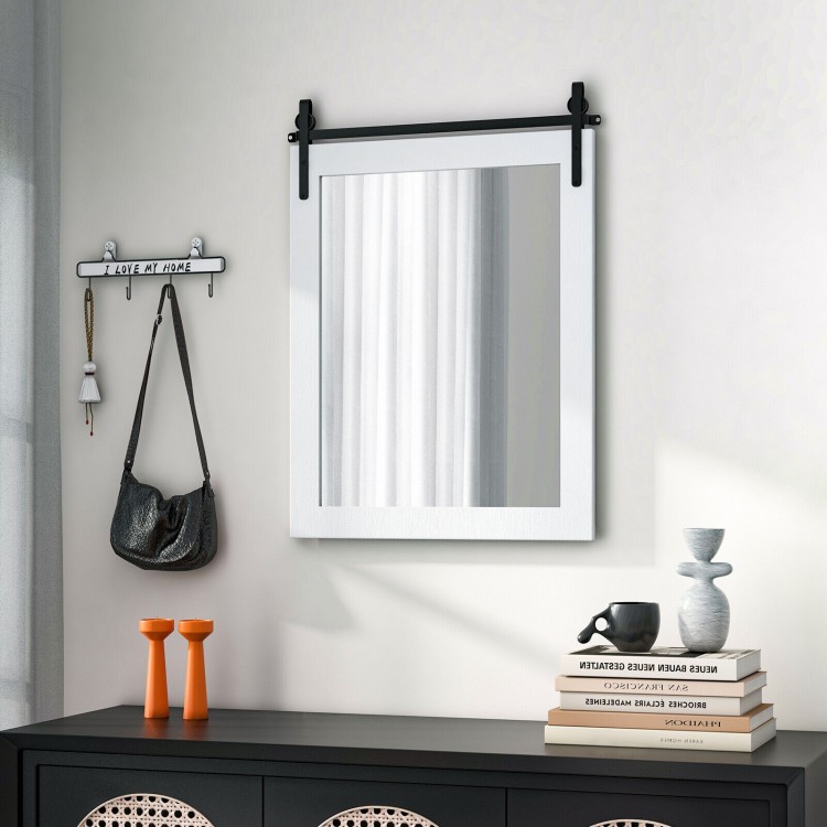Close-up view of the 30 x 22 inch wall mount mirror featuring a white wood frame and black metal bracket, perfect for.