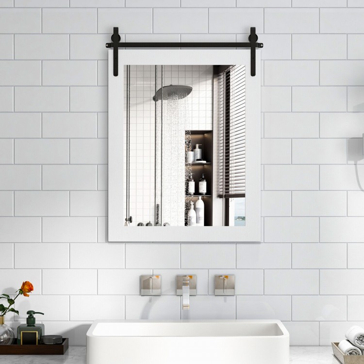 Wall mount mirror with white wood frame and black metal bracket, ideal for rustic decor in bathrooms or entryways.