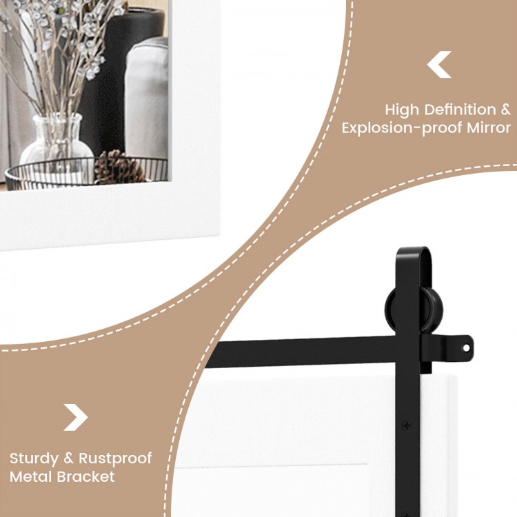 30 x 22 inch wall mount mirror with white wood frame and black metal bracket, ideal for rustic home decor and vanity.