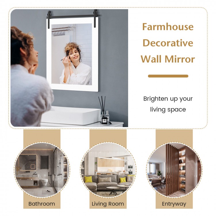 30 x 22 inch wall mount mirror with white wood frame and black metal bracket, ideal for farmhouse-style decor in any.