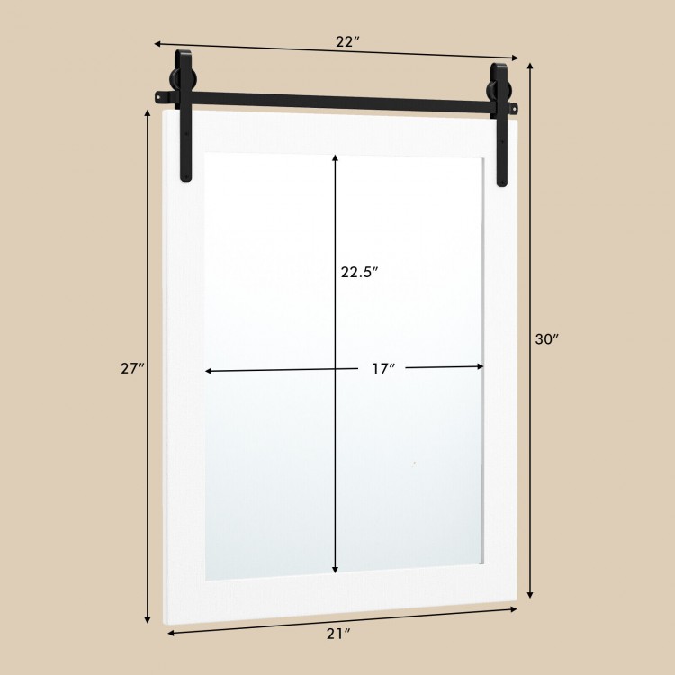 Wall-mounted mirror with white wood frame and black metal bracket, perfect for rustic decor, 30 x 22 inches.