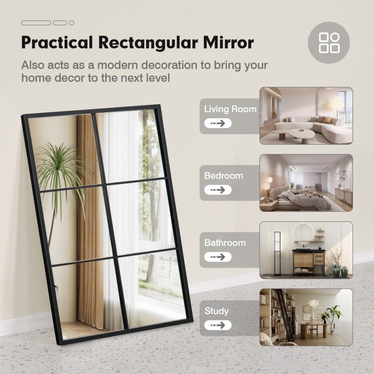Rectangular 3-layered decorative wall mirror with black metal frame, ideal for living room, bedroom, or bathroom decor.