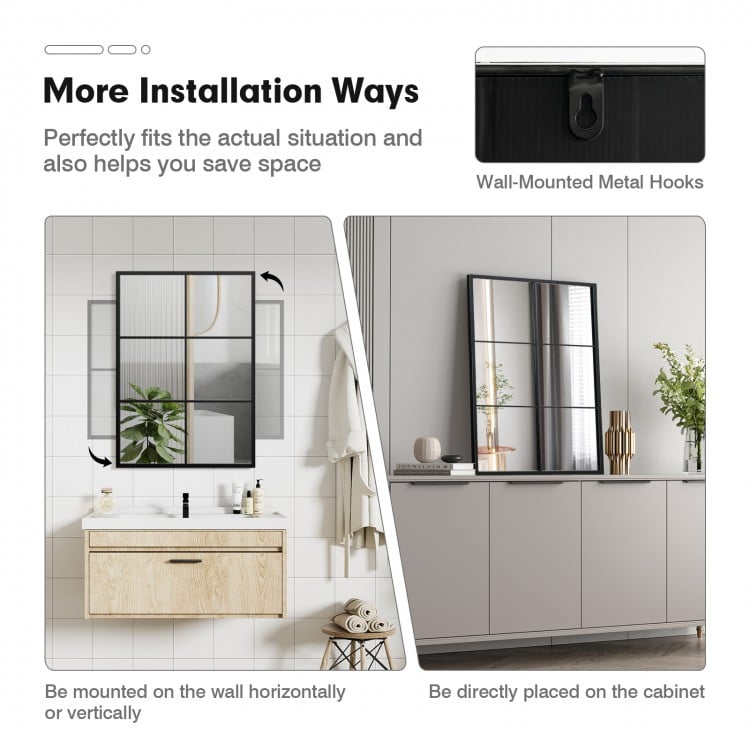 3-layered decorative wall mirror with a rustproof metal frame, suitable for vertical or horizontal wall mounting.