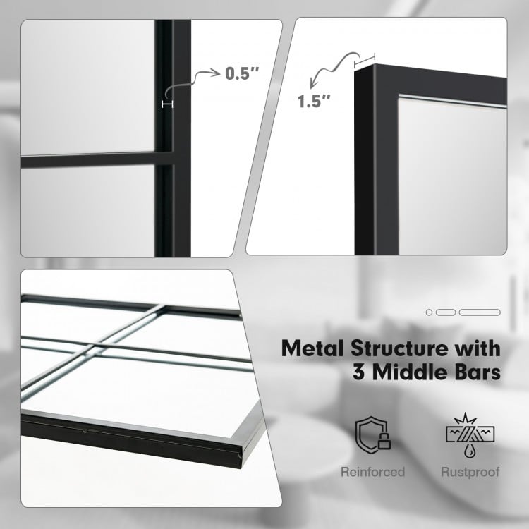 Close-up of the 3-layered decorative wall mirror with a rustproof black metal frame and reinforced structure.