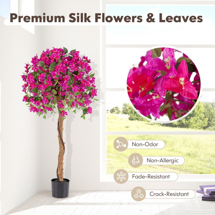 4.5 feet artificial azalea tree with red flowers and cement pot, featuring a realistic wood trunk and maintenance-free.