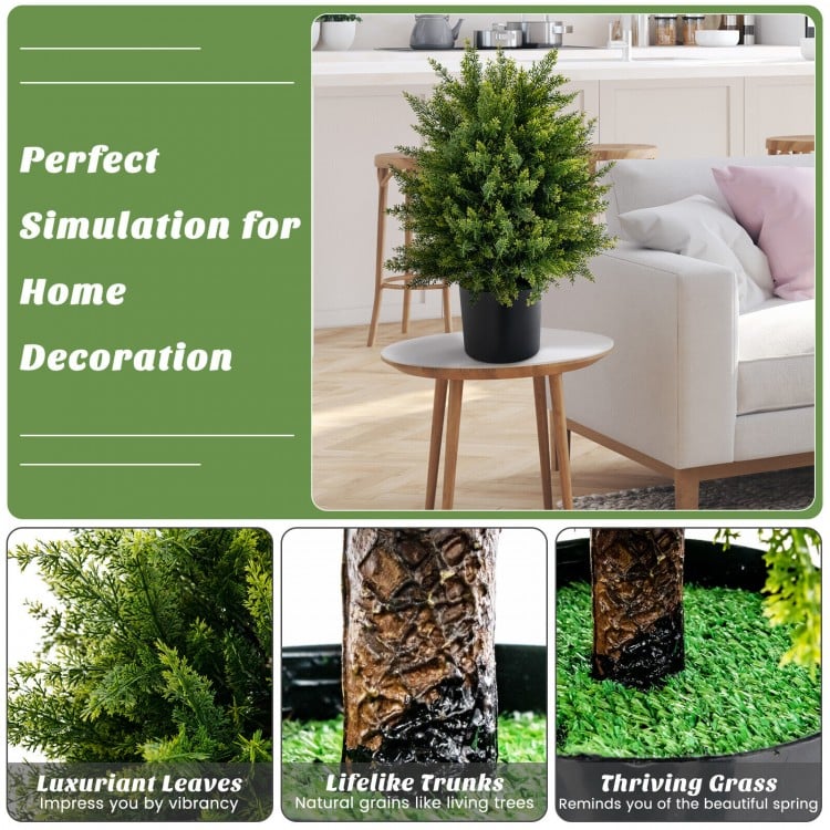 Artificial cedar topiary ball tree set with vibrant leaves and lifelike trunks, perfect for home decoration.