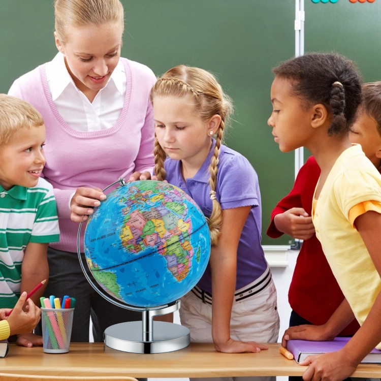 Illuminated world globe with stand, showcasing geographical and constellation maps, ideal for educational use and.