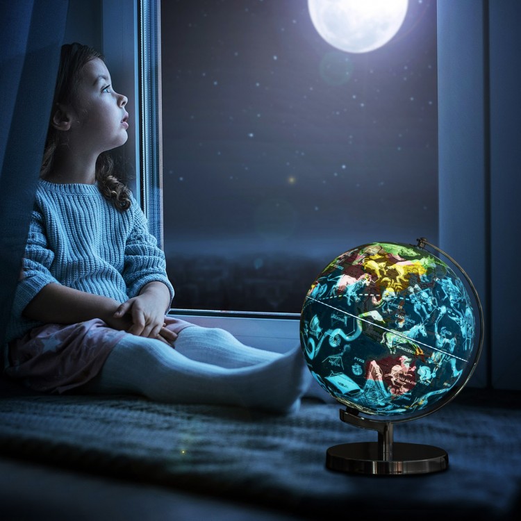 Illuminated 3-in-1 world globe with stand, showcasing constellations and geographical details for immersive learning.
