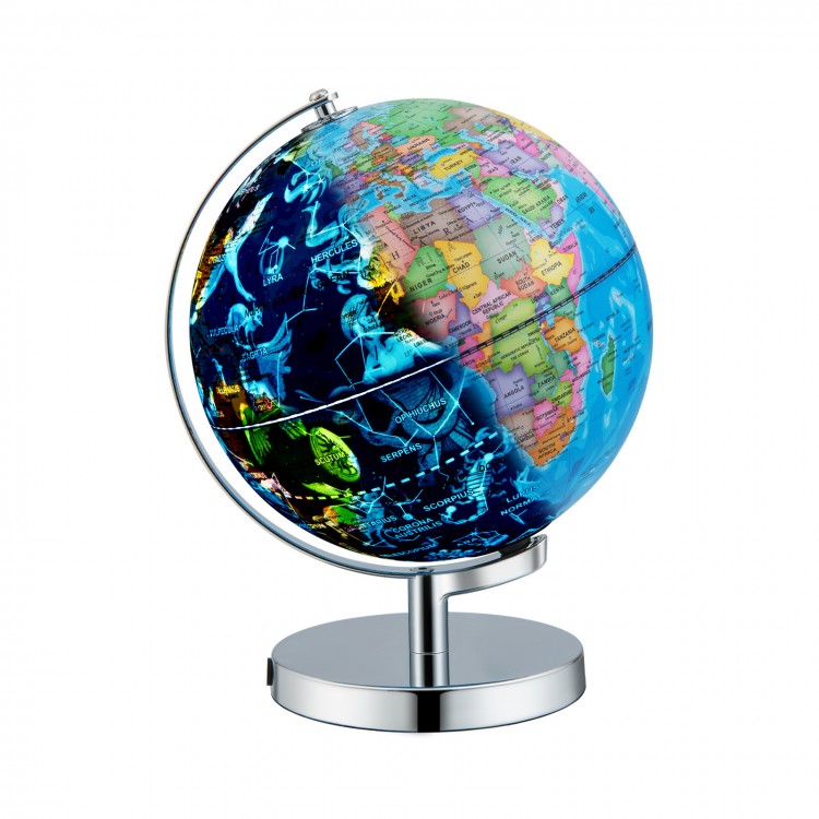 Illuminated 3-in-1 world globe with stand, featuring detailed geographical and constellation maps for educational use.