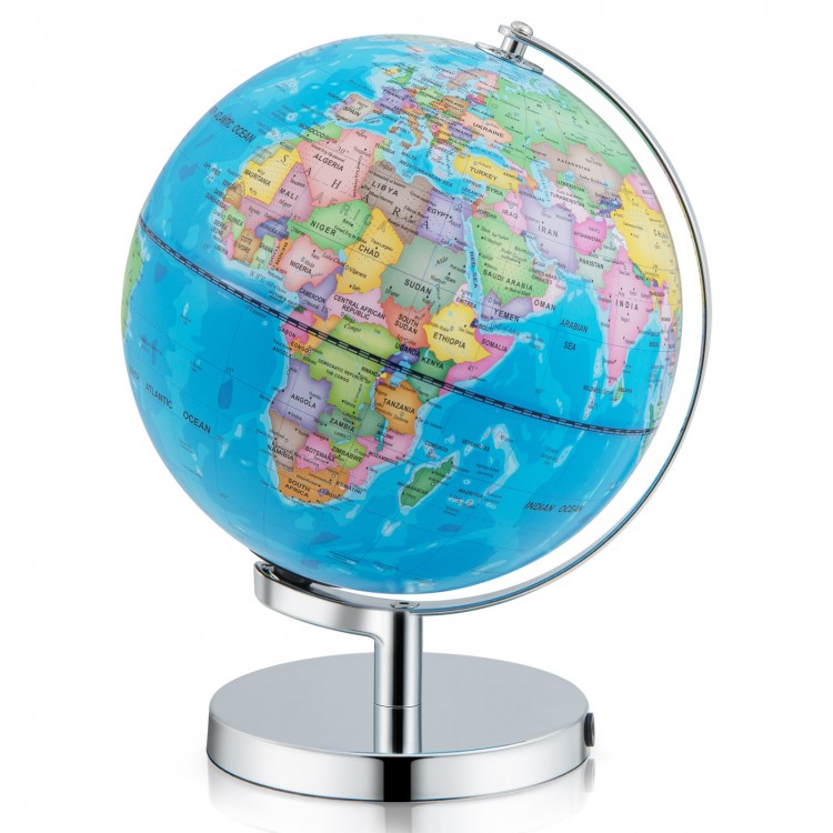 Illuminated world globe with a chrome stand, featuring geographical and constellation maps for educational exploration.