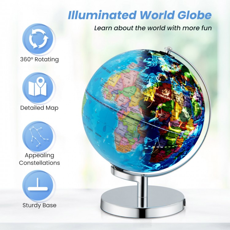 Illuminated world globe with a sturdy base, featuring detailed maps and 88 constellations for immersive learning.