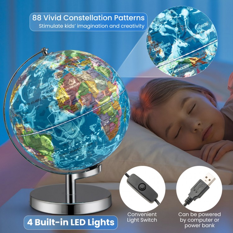 Illuminated world globe with 88 constellations, featuring a stable stand and soft night light for bedtime learning.