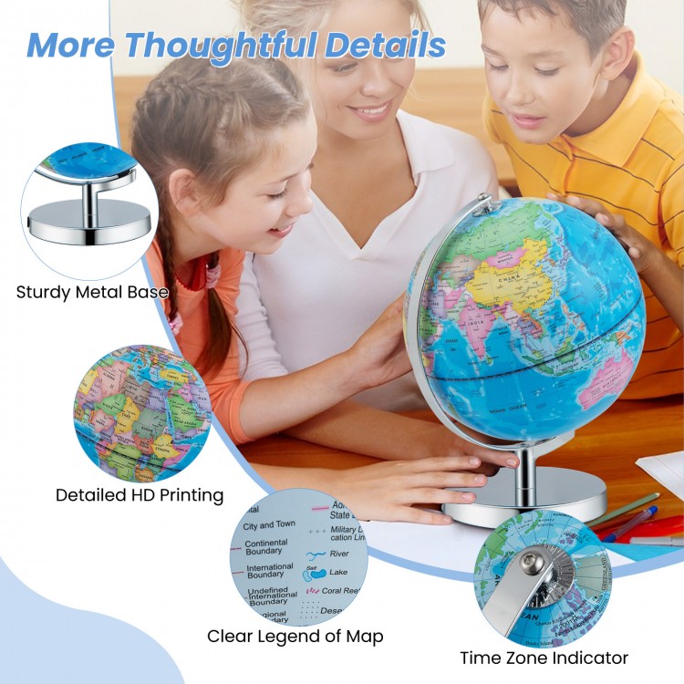 Illuminated world globe with a sturdy metal base, showcasing detailed maps and constellations for educational.