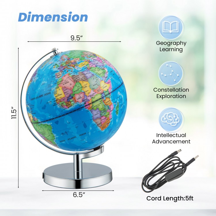 Illuminated 3-in-1 world globe with stand, showcasing geography and constellations for educational exploration.