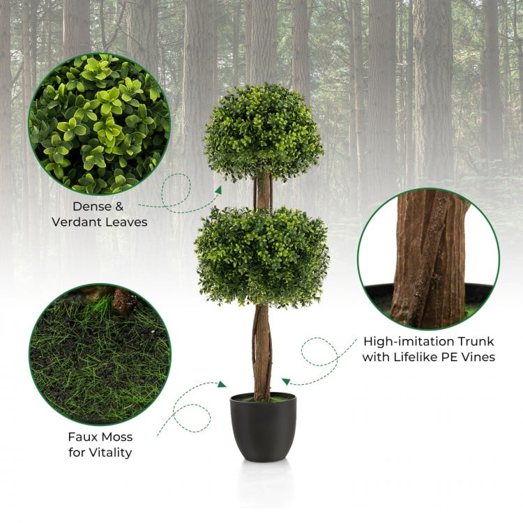 Double ball-shaped 40-inch artificial boxwood topiary tree with dense leaves and lifelike trunk, perfect for patio.
